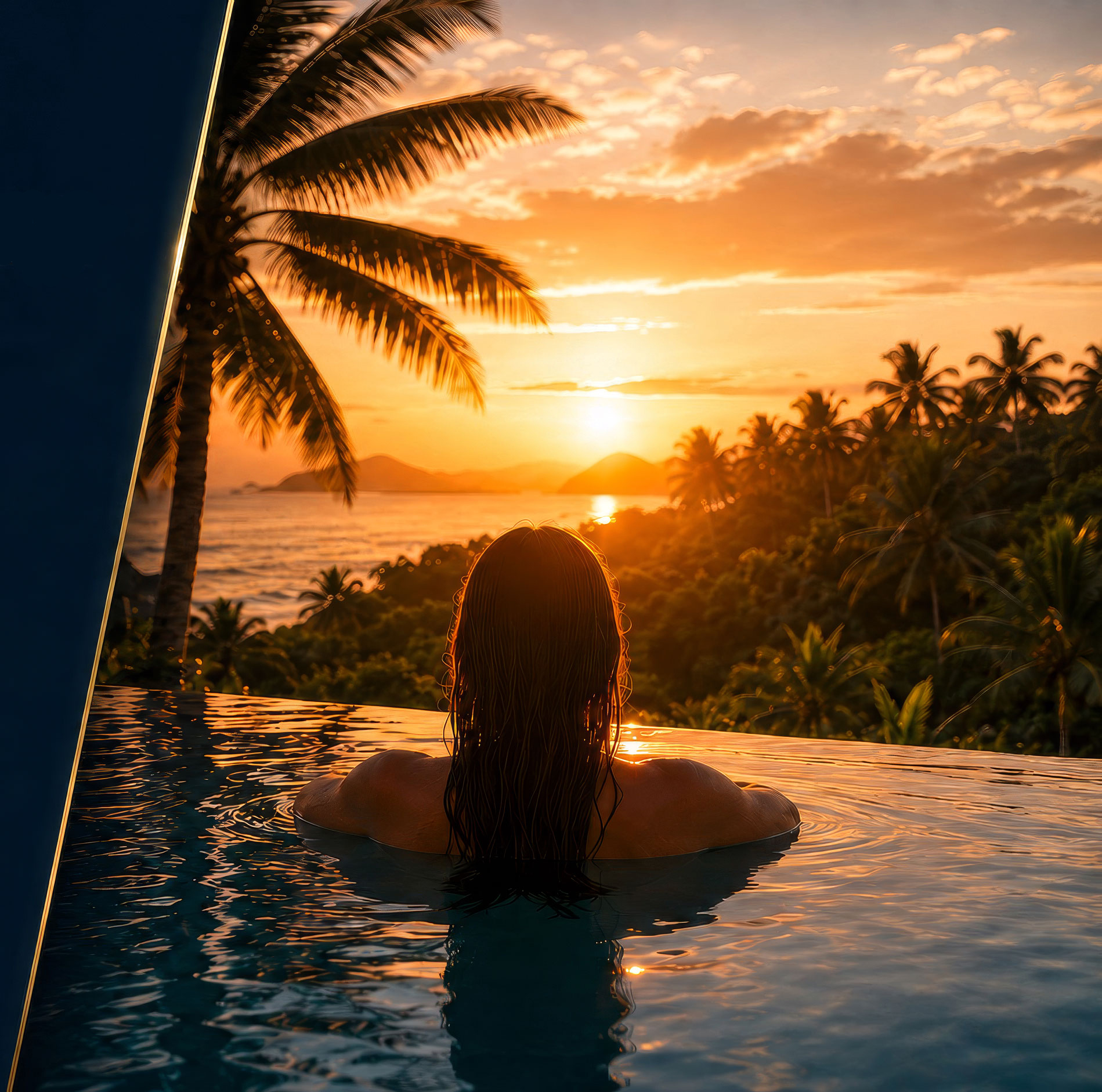 Woman relaxing in an infinity pool at sunset, looking out over the ocean and palm trees